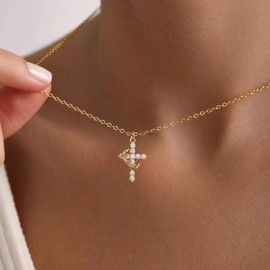 14K Gold Crown Cross Necklace for Women Faith Jewelry Gift for First Communion, Gold