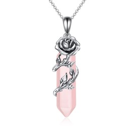 CRMAD Rose Quartz Healing Stone Crystal Necklace for Women Sterling Silver Rose Flower Pendant Mothers Day Jewelry Gifts for Mom Daughter Girls (Rose Quartz Healing Stone Necklace)