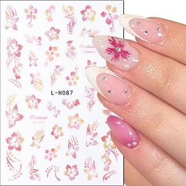 6Pcs Flower Nail Art Stickers 3D Glitter Hibiscus Nail Decals Pink Yellow Green Floral Nail Design Stickers French Tip Nail Art Sticker Spring Butterfly Nail Decoration Supplies for Women Manicure