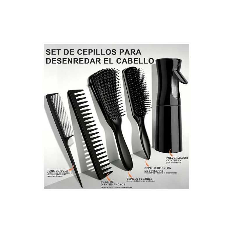 Juego de 5 Cepillos para Cabello Rizado, Desenredante y Peine