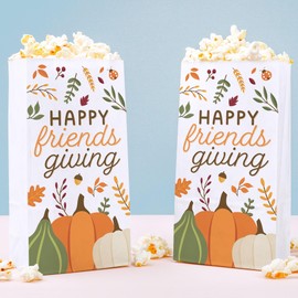 Big Dot of Happiness Fall Friends Thanksgiving Popcorn Bags, Friendsgiving Party Favor Snack Treats, Free-Standing Individual White Paper Bags - 25 Count