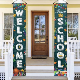 Lofaris Welcome Back to School Porch Banner Blackboard Stationery Pen Alarm Clock Yard Sign Formula School Bus Hanging Sign Porch Banner for Outdoor Wall Front Door Decor 2 Pieces 70.87x11.81inch