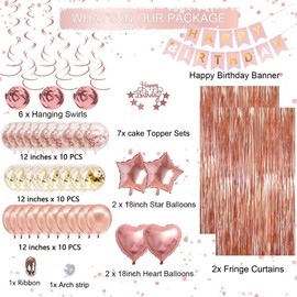 lqfpdsp Rose Gold Birthday Party Decorations, Happy Birthday Banner, Rose Gold Fringe Curtain, Party Curtain,Heart Star Foil Confetti Balloons, Hanging Swirls for Women Girls Birthdays Princess Party