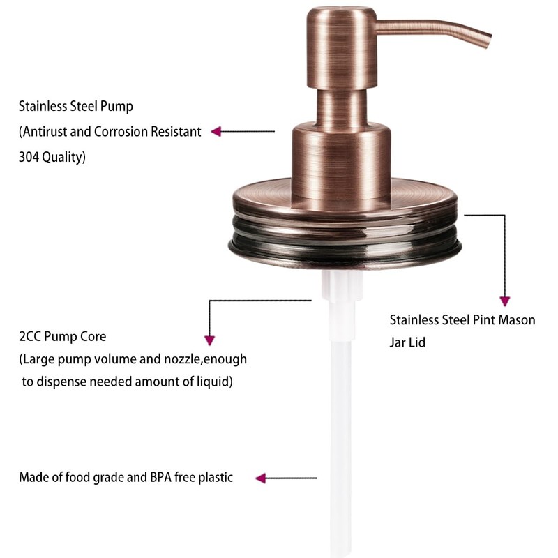 Amolliar Mason Jar Liquid Soap Dispenser Lid, Copper 2 Pack,