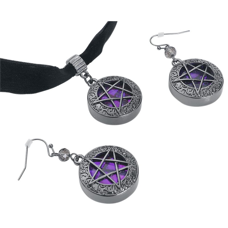 Gothicana by EMP Women's Black Purple Pentagram Jewellery Set, Polyester