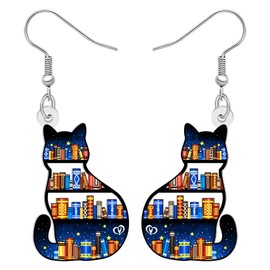 LONYOO Acrylic Funky Cat Earrings Bookcase Dangle Book Jewelry Teacher Appreciation Gifts for Book Lovers Cat Mom Women Bookish Back to School Stuff (Dark)