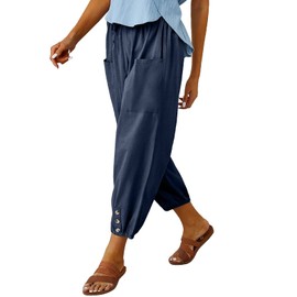 Women's High Waist Pants Drawstring Capri Pants with Pockets Wide Leg Cropped Pants for Women NavyBlue X-Large
