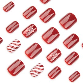 Christmas Red Press on Nails Short Square Snowflake False Nails Stripe Candy Fake Nails with Design Snow Artificial Nails Short Acrylic Glue on Nails Press ons Christmas Stick on Nails for Women