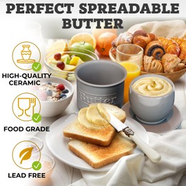 Beautiful Butter Crock for Counter with Water Line - Butter Keeper with Lid - Original French Butter Dish for Spreadable Butter - 100% Premium Ceramic - Keeps Butter Fresh and Creamy - Gray