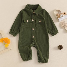 Karuedoo Newborn Baby Boy Girl Clothes Corduroy Long Sleeve Button Up Romper Jumpsuit Collared Bodysuit Fall Winter Outfit (Army Green, 9-12 Months)