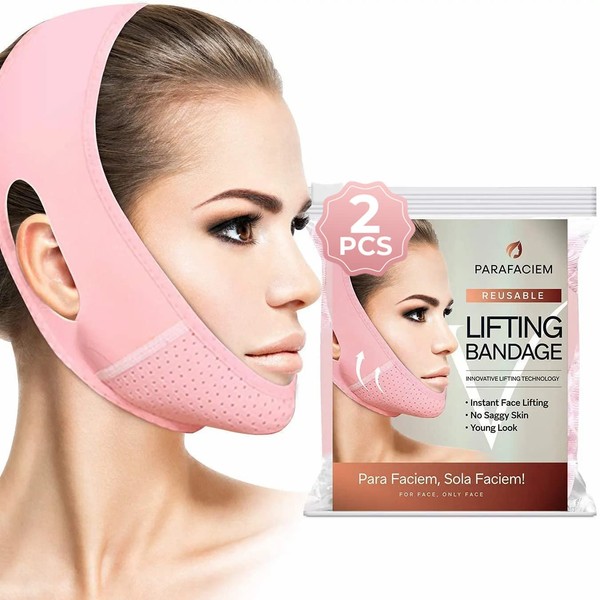 ParaFaciem Reusable V Line Mask Facial Slimming Strap - Double Chin Reducer - Chin Up Mask Face Lifting Belt - V Shaped Slimming Face Mask (2PCs),Pink