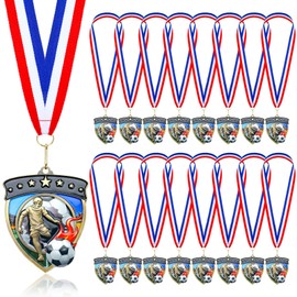 Remuuly Soccer Award Medals for Adults 3.35 Inch Shield Shape Metal Winner Award Medals with Red White Blue Striped Neck Ribbons for Sport Team Participation Trophy Prize Gift (60 Pcs)
