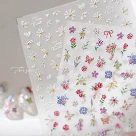 White Daisy Nail Art Stickers Decals 5D Embossed Flower Nail Decals 1PCS Cute Half Daisy Floral Nails Adhesive Sliders Kawaii Nail Art Supplies for Women Spring Summer DIY Manicure Nail Decorations