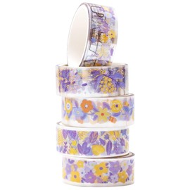 KAVI' S 5 Rolls Floral Washi Tape Set PET Decorative Flowers Patterns Transparent Masking Tapes for Arts, DIY Crafts, Journals, Planners, Scrapbook, Wrapping (Purple Blossoms)