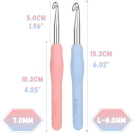 Coopay Crochet Hooks 7.0 mm and 8.0 mm, Pack of 2 Metal Crochet Hooks with Stitch Marker, Ergonomic Crochet Hook with Soft Grip for Arthritic Hands, Colourful TPR Handle Crochet Hook 7 8 mm for