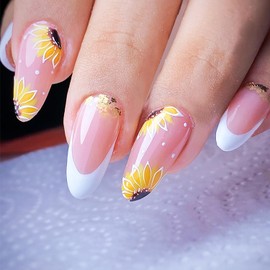 Press on Nails Almond Medium Length Glossy Full Cover Acrylic White French False Nails with Sunflower Designs Artificial Almond Fake Nails with Charms Glue on Fingernails for Women Girls
