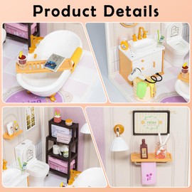 BeepZipp DIY Miniature House Kit with Roof & Dust Covers, Creative Construction Toys with Light & Furniture for Mini Figures, Room Decor for Teens Adults (Bathroom)