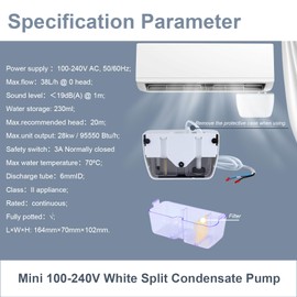 Mini Split Condensate Pump, AC Hvac Silent Condensate Pump, 100-240V, 50/60Hz, Ultra-Quiet (< 19dB), Anti-Siphon Device, Suitable for HVAC, Air Conditioners, Dehumidifiers, etc.