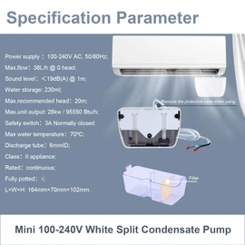 Mini Split Condensate Pump, AC Hvac Silent Condensate Pump, 100-240V, 50/60Hz, Ultra-Quiet (< 19dB), Anti-Siphon Device, Suitable for HVAC, Air Conditioners, Dehumidifiers, etc.