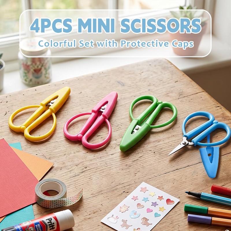 Mini Scissors, 4 Pack Small Craft Set with Silicone Caps