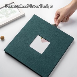 HoneyTolly Large Photo Album Self Adhesive with Picture Display Window, DIY Scrapbook Album for 4x6 8x10 Pictures, 40 Pages Linen Cover Memory Book with Scraper and Metallic Pen(Dark Green)