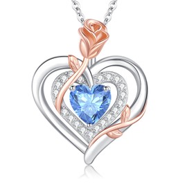 LAVUMO Women's Necklace 925 Silver Double Heart Rose Flower Chain Women's Birthstone Necklaces Mother's Day Birthday Valentine's Day Christmas Jewellery Gifts Women Mum Girlfriend, Sterling Silver, /