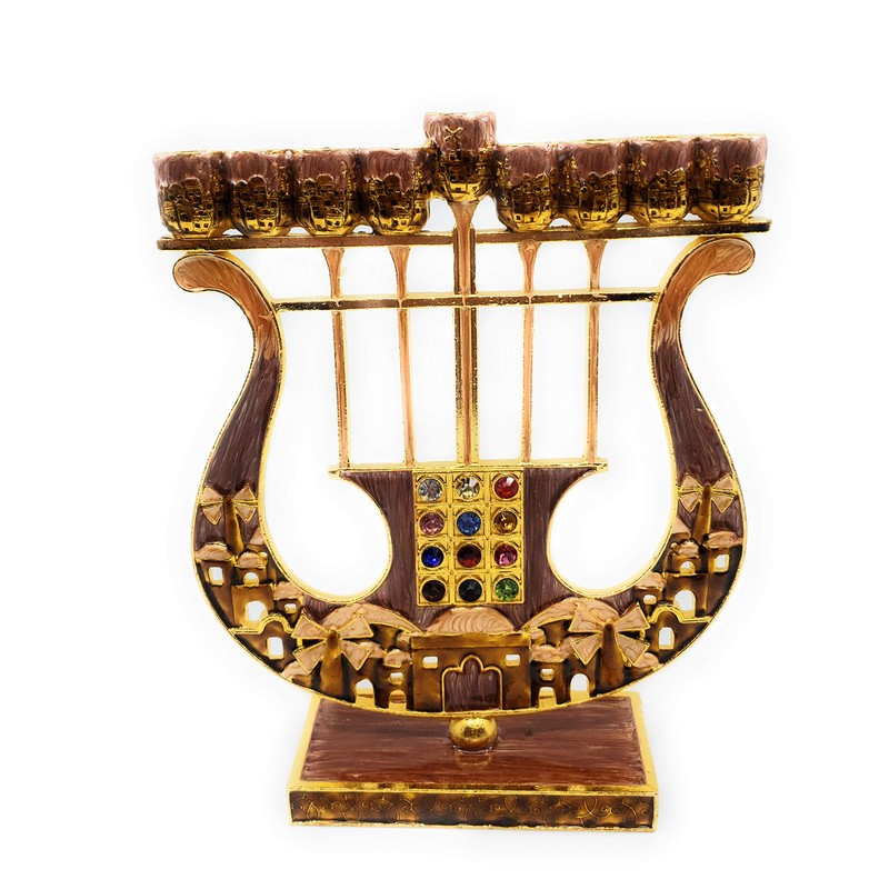 Harp Shaped Chanukah Menorah Enamel Hand Painted Enamel on Pewter