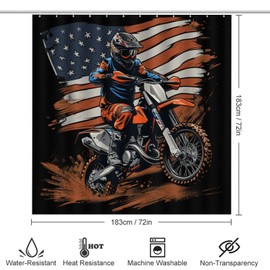 HDESDIS 4Pcs Abstract Dirt Bike Rider Shower Curtain Set, Motocross America Star Flag Bathroom Decor Set with Rug Bathroom Accessory Bathroom Curtain Shower Set, 72" x 72"
