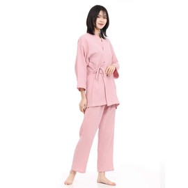 SISOFTLY Women's Yukata, Solid, Jinbei, Women's, Washable, Summer Kimono, Solid, Work Clothes, Women's, Shijira Weave, Double-Layered Gauze, Jinbei, Plain Open Front, Women's Pajama Set, Pink