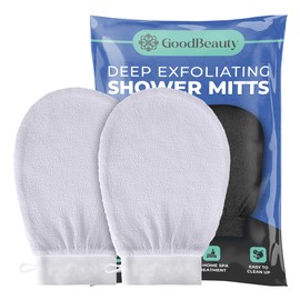 GoodBeauty 2 Pack White Shower Exfoliating Gloves Bath Massage Scrubbing, Shower Exfoliating Mitt for Men Women Shower Body Scrub, Unclog Deep Pore Gentle Viscose Fiber (White)
