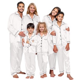 IFFEI Family Silk Satin Pajamas Matching Sets Long Sleeve Pjs for Couples 2 Piece Buttons Kids Christmas Pajamas with Pocket Women：M White