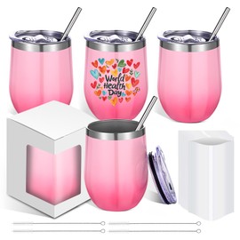 12 oz Sublimation Wine Tumblers Blanks, 4 Pack Double Wall Vacuum Insulated Stainless Steel Mug with Sliding Lid, Stainless Steel Cups with Straw and Sublimation Shrink Wrap Sleeve, Red Pink