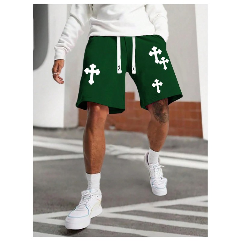 VIPWOLF - Pantalones cortos con estampado de cruz para hombre,