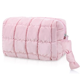 Quilted Makeup Bag, Checkered Cosmetic Bags with Divider, Waterproof Travel Toiletry Bag, Puffy Make up Pouch for Women Travel Essentials (Pink)