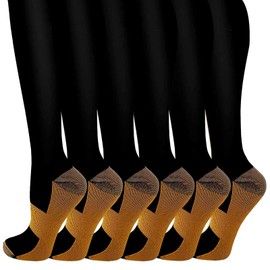 Bropite Calcetines de compresión para mujeres y hombres, 6 pares de calcetines de apoyo de ajuste de cobre, 20-30 mmhg, medias médicas altas hasta la rodilla, viajes, Calcetines de compresión multicolor 05 de cobre, S-M