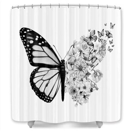 Coveimes Black White Butterfly Shower Curtain, Full Bloom Floral Retro Butterflies Flowers Aesthetic Bath Curtain, Waterproof Fabric Bathroom Curtain Sets with Hooks
