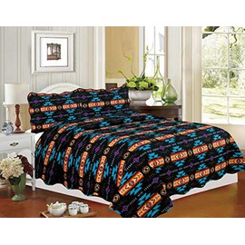 Nu Trendz Signature Reversible 3 Piece Quilt Set King Black Native American Tribal Collection Microfiber Soft Coverlet Bedspread Set, Lightweight Bed Couch Cover Blanket (1 Quilt 2 Pillow Shams)