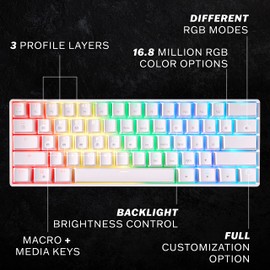 Teclado mecánico para videojuegos GK61 - 61 teclas multicolor, con iluminación LED RGB, alámbrico, programable para PC o Mac gamer, (Gateron óptico marrón, blanco).