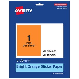 Avery Printable Sticker Paper, 8-1/2" x 11", Full-Sheet Labels, Bright Orange Labels, Laser/Inkjet Printable, 20 Total, Great for Packaging and Stickers