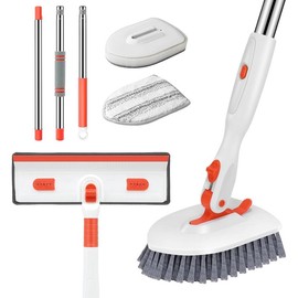 Floor Scrub Brush, 3-In-1 Tile Tub Floor Scrubber with 52-inch Adjustable Long Handle Shower Cleaner Brush and 3 Detachable Replacement Brush Heads for Cleaning Bathroom Kitchen Walls Tub Tile - Colour: Orange 4-in-1