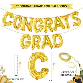 Class of 2025 Congrats Grad Balloons - 16 Inch Gold Congrats Grad Banner Balloons | Photo Backdrop Decor for Outdoor & Indoor Graduation Parties Decorations