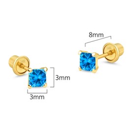 14k Yellow Gold 3mm Birth Month Princess Cut Children Screwback Baby Girls Earrings