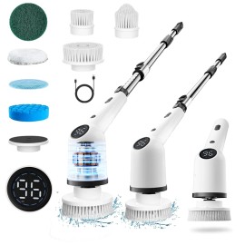 Cordless Electric Spin Scrubber, 1300mAh Battery & 3 Speeds, Extendable Handle (37.7-48"), 8 Brush Headssize: M, color: White