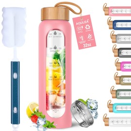 Aqulea Glass Water Bottles 32 Oz with Silicone Sleeve - BPA Free Reusable Wide Mouth Glass Motivational Water Bottles with Fruit Infuser – Leak Proof Borosilicate Water Bottle with Time Marker (Pink)