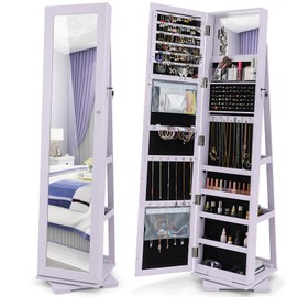 LOKO 360° Rotating Jewelry Armoire, Freestanding Jewelry Cabinet with Inside Makeup Mirror, 2-in-1 Lockable Jewelry Organizer w/Full-Length Mirror for Women (Lavender)