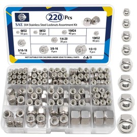 ZQZ 220 Pack SAE Nylon Insert Locknuts Assortment Kit,6#32 8#32 10#24 10#32 1/4"-20 5/16"-18 3/8"-16 1/2"-13 Nylock Nuts Sets,304 Stainless Steel Standard Inch Threaded Lock Nuts