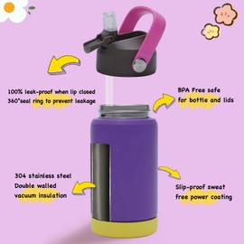 Hawthyhome 360 ml/12 oz Children's Stainless Steel Insulated Water Bottle with Straw - Leak-Proof Hot Cold Drinks - Children's Thermos Flask BPA-Free for Boys Girls Toddler Children Purple