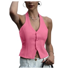 SOLY HUX Women's Button Down Suit Vest Halter V Neck Backless Waistcoat Sleeveless Tank Tops Solid Pink Medium