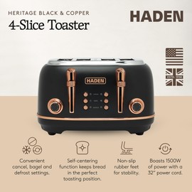 HADEN Heritage 4-Slice Toaster with Extra Wide Slots, 1500-Watt, Black & Copper - Retro Stainless Steel Design with Self-Centering Function, Adjustable Browning Control & Removable Crumb Tray