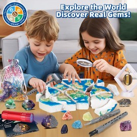 Woumserta World Map Gemstone Dig Kit - Gem Rocks Toys for 6 Year Old Boys and up, Fossil Dig Toy for Rocks Collection, Digging Gifts for Boys Girls Kids, Rocks Excavation Kit for Kids Birthday Gift
